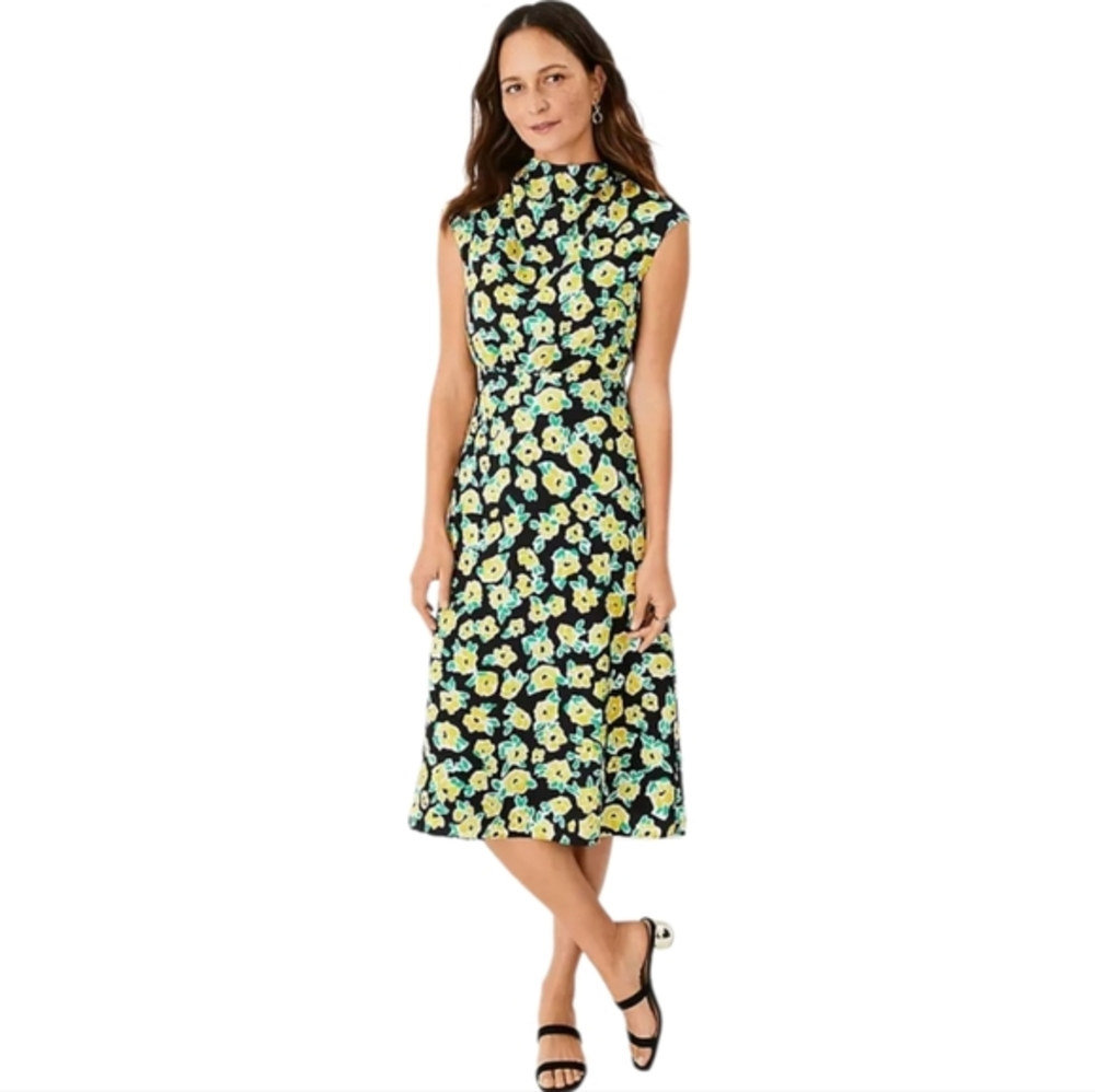 Ann Taylor Yellow Green Black Sleeveless Wrap Midi Dress with Mock Neck Size 2P‎